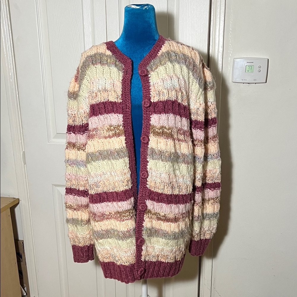 Knitting Needles Striped Hand Knit Multicolor Women's Cardigan Sweater Medium